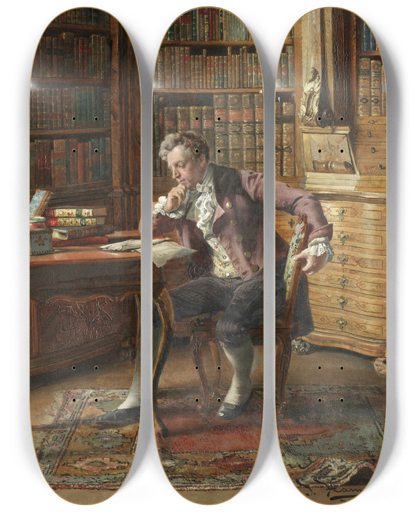 Triptych art skateboard deck of Johann Hamza The Library by Johann Hamza (1850-1927)