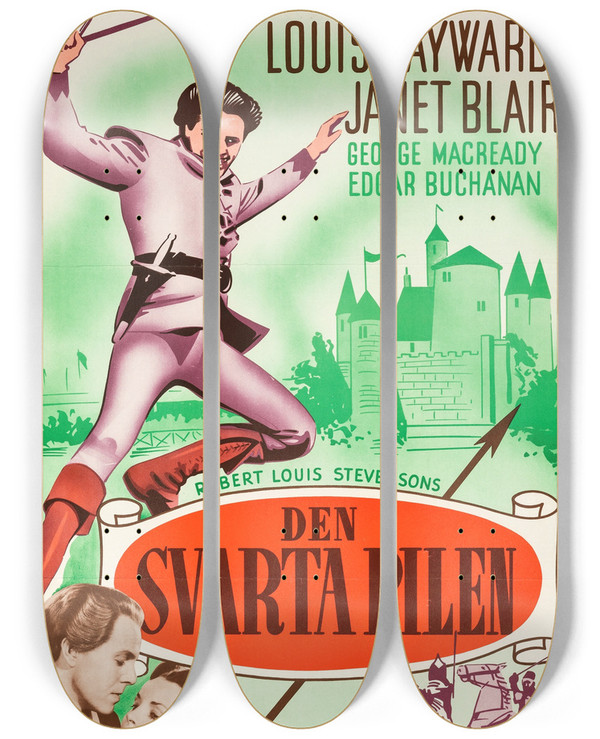 Triptych art skateboard deck of Eric Rohman The Black Arrow by Eric Rohman (1891-1949)