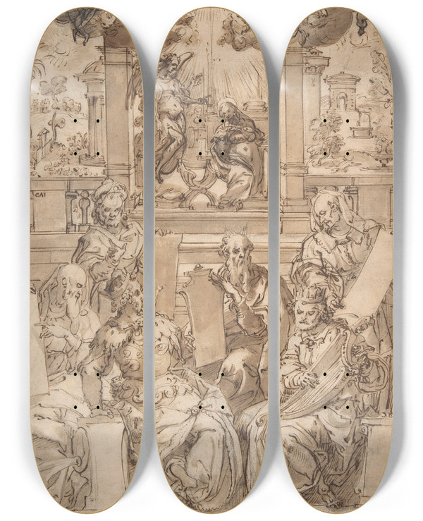 Triptych art skateboard deck of Jan Van Der Straet The Six Prophets Of The Coming Of Christ by Jan van der Straet (1523-1605)