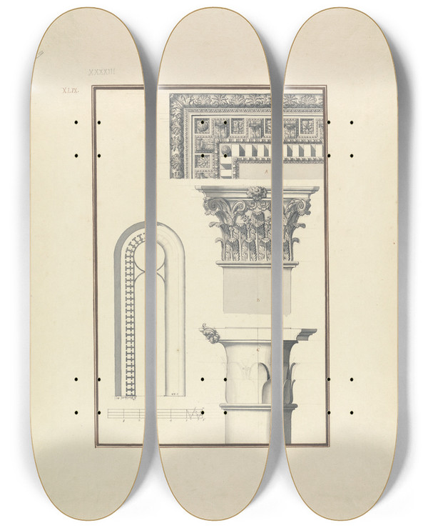 Triptych art skateboard deck of Giovanni Battista Borra Details Of A Corinthian Order From A Temple At Ephesus Probably That Of Hadrian by Giovanni Battista Borra (1713-1770)