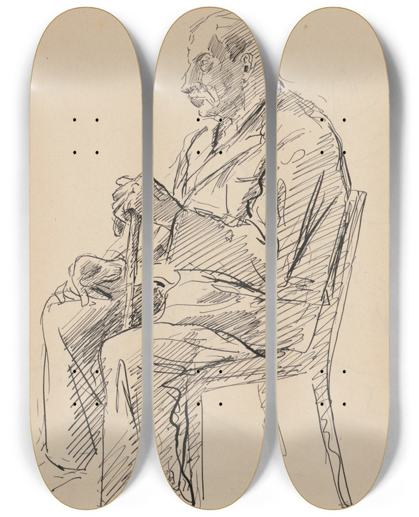 Triptych art skateboard deck of Jn Novk Sediaci Star Mu S Palicou by Jan Novak (1921-1944)