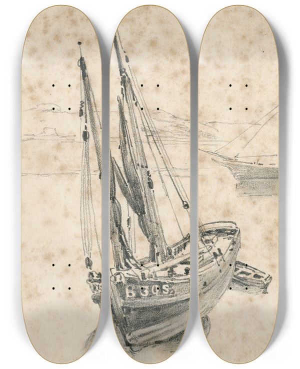Triptych art skateboard deck of Pieter Van Loon Een Zeilboot Op Het Strand Bij Boulogne by Pieter Van Loon (1801-1873)