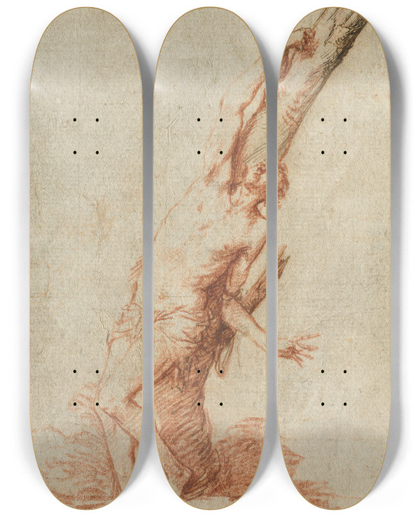 Triptych art skateboard deck of Jusepe De Ribera St Sebastian by Jusepe de Ribera (1591-1652)
