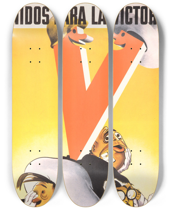 Triptych art skateboard deck of Antonio Arias Bernal Unidos Para La Victoria by Antonio Arias Bernal (1914-1960)