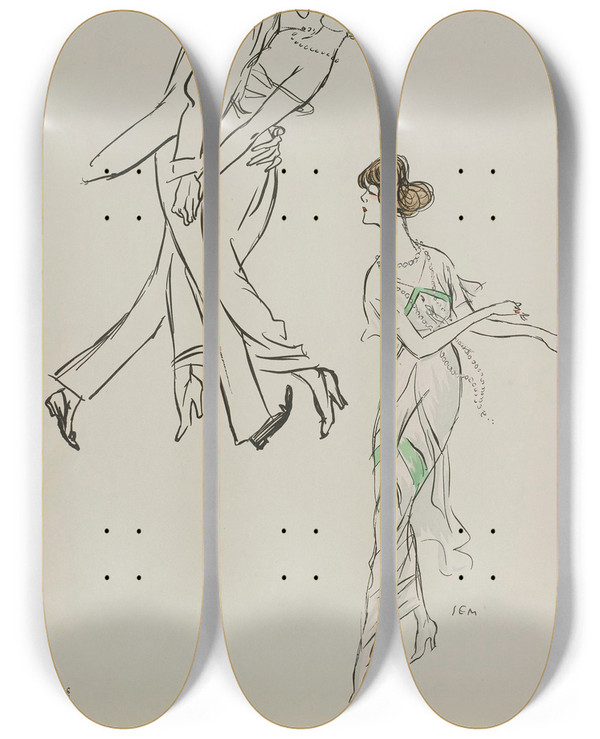 Triptych art skateboard deck of Georges Goursat Sem Mme Heeren Isadora Duncan by Georges Goursat (Sem) (1863-1934)