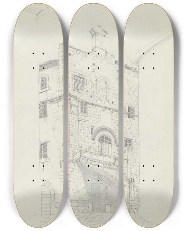 Triptych art skateboard deck of Friedrich Wilhelm Ludwig House In Viterbo by Friedrich Wilhelm Ludwig (1828)