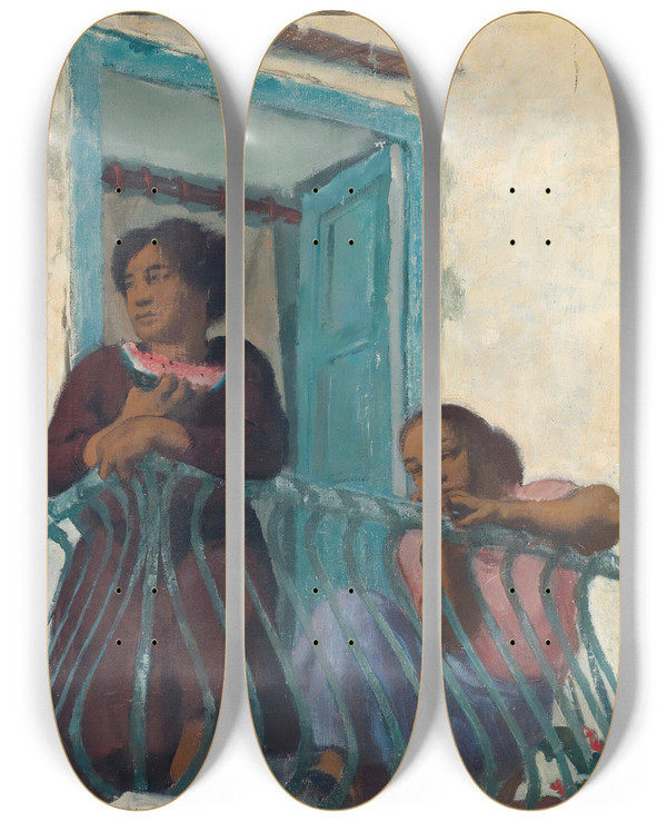 Triptych art skateboard deck of Alexandre Jacovleff On The Balcony by Alexandre Jacovleff (1887-1938)