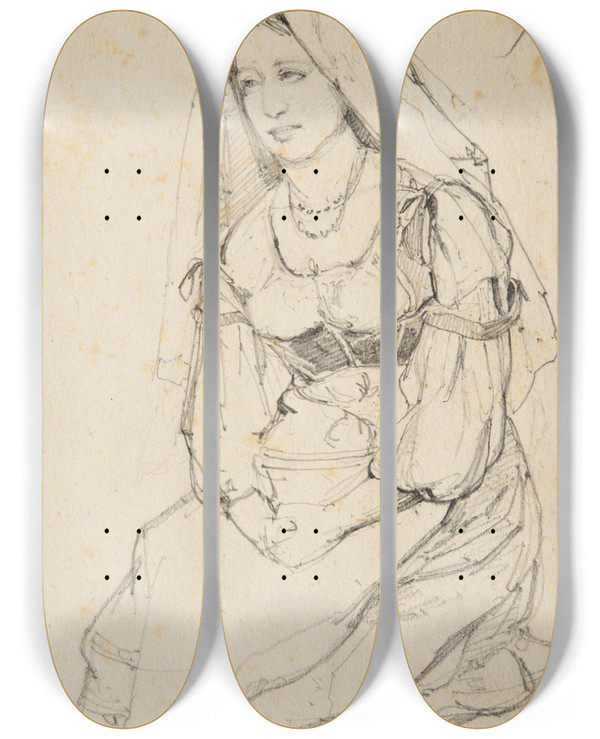 Triptych art skateboard deck of Jacquesraymond Brascassat Tude De Femme Assise_2 by Jacques Raymond Brascassat (1804-1867)