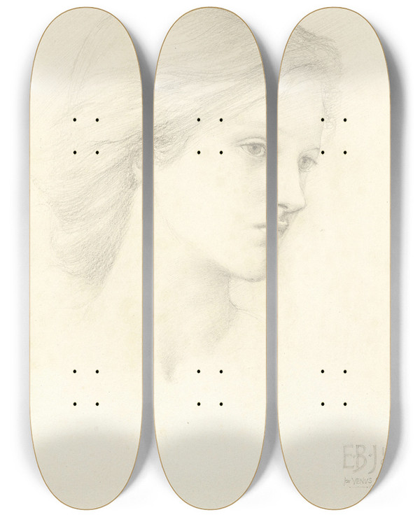 Triptych art skateboard deck of Sir Edward Coley Burnejones Female Head Study For The First Of The Three Graces In Venus Concordia by Sir Edward Coley Burne-Jones (1833-1898)