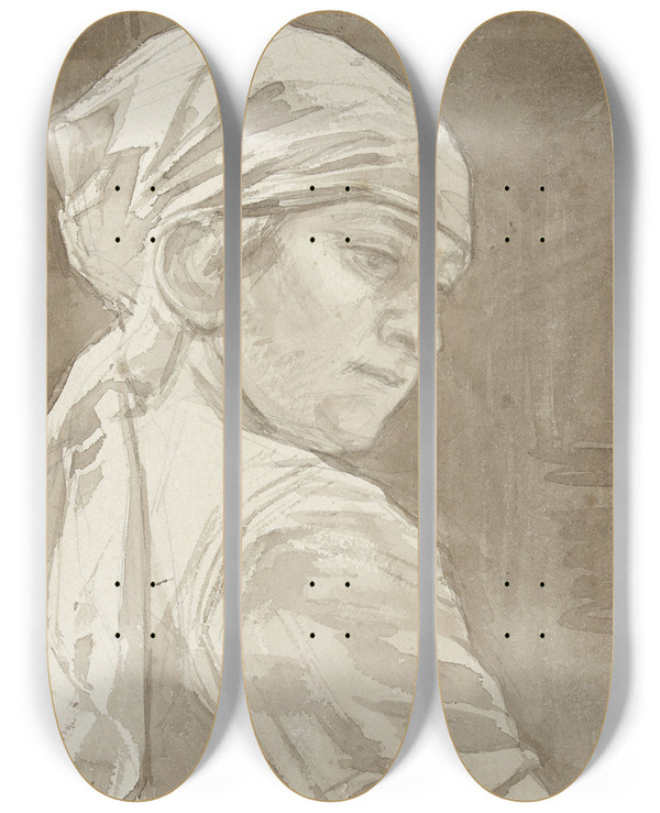 Triptych art skateboard deck of August Alleb Vrouw Met Hoofddoek Naar Rechts Omkijkend by August Allebe (1838-1927)