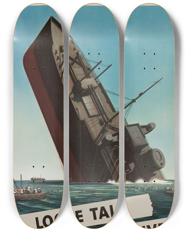 Triptych art skateboard deck of Stevan Dohanos Loose Talk Can Cost Lives by Stevan Dohanos (1907-1995)