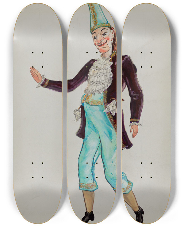 Triptych art skateboard deck of American 20Th Century Marionette by American 20Th Century