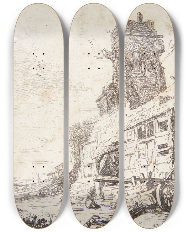 Triptych art skateboard deck of Bartholomeus Breenbergh Forfaldent Hus by Bartholomeus Breenbergh (1598-1657)