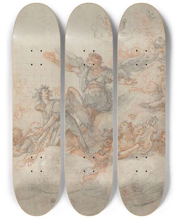 Triptych art skateboard deck of Federico Zuccaro Angels And Putti In The Clouds by Federico Zuccaro (1542-1609)