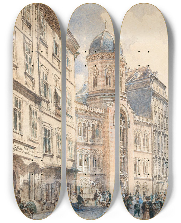 Triptych art skateboard deck of Rudolf Von Alt The Fleischmarkt In Vienna With The Greekorthodox Church Of The Holy Trinity by Rudolf Von Alt (1812-1905)