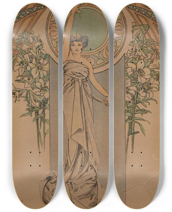 Triptych art skateboard deck of Alphonse Mucha Menu Card_5 by Alphonse Mucha (1860-1939)