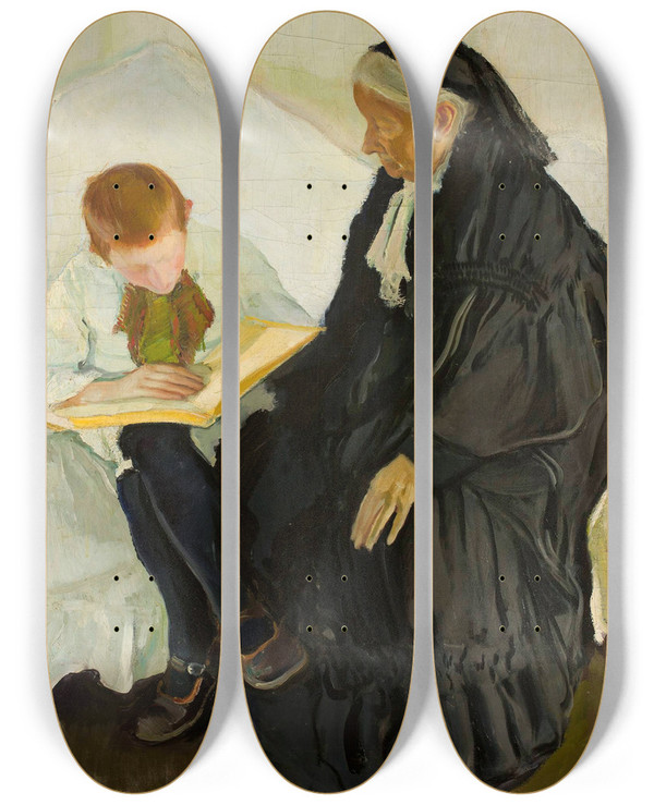 Triptych art skateboard deck of Konrad Krzyanowski Grandmother With Her Grandson by Konrad Krzyzanowski (1872-1922)