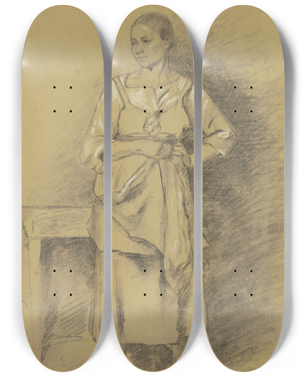 Triptych art skateboard deck of Anton Burger Standing Woman by Anton Burger (1824-1905)