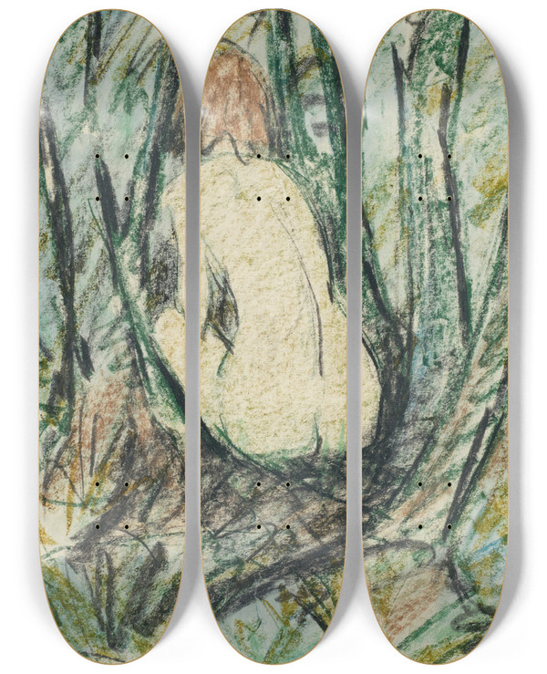Triptych art skateboard deck of Otto Mueller Sitzender Rckenakt Im Wald by Otto Mueller (1874-1930)