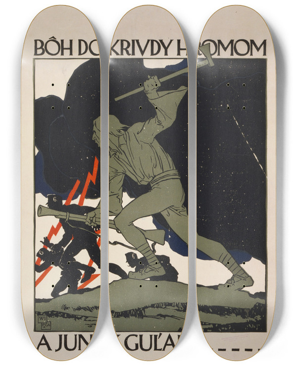 Triptych art skateboard deck of Vojtech Preissig Bh Do Krivdy Hromom A Junk Gulmi by Vojtech Preissig (1873-1944)