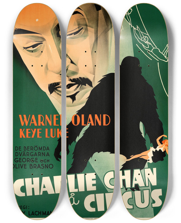 Triptych art skateboard deck of Eric Rohman Charlie Chan At The Circus by Eric Rohman (1891-1949)