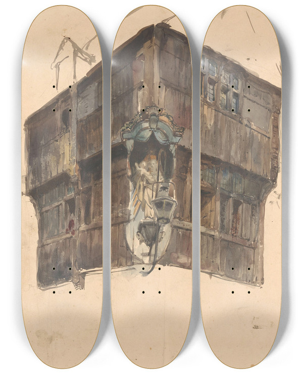 Triptych art skateboard deck of Johannes Bosboom Studie Van De Bovenste Verdieping Van Een Hoekhuis by Johannes Bosboom (1817-1891)