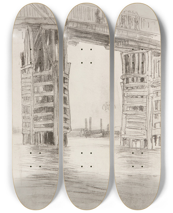 Triptych art skateboard deck of James Abbott Mcneill Whistler The Tall Bridge by James Abbott Mcneill Whistler (1834-1903)