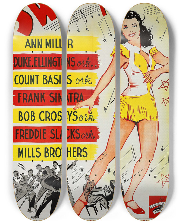 Triptych art skateboard deck of Eric Rohman Reveille With Beverly by Eric Rohman (1891-1949)