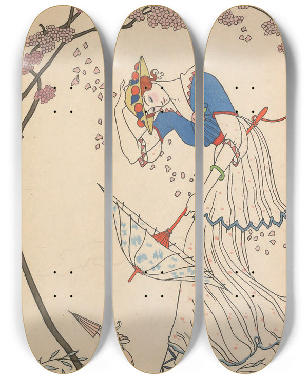 Triptych art skateboard deck of George Barbier Le Coup De Vent by George Barbier (1882-1932)