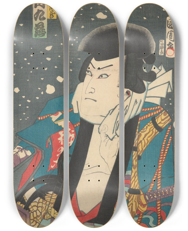 Triptych art skateboard deck of Kunichika Toyohara Actor Ichikawa Kyz by Kunichika Toyohara (1835-1900)