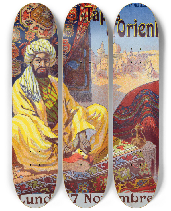 Triptych art skateboard deck of Ren Pan Trois Quartiers by Rene Pean (1875-1945)