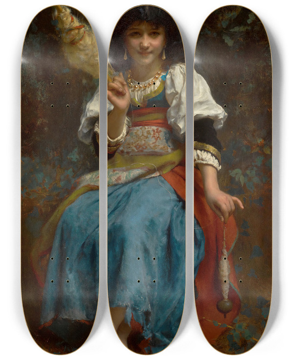 Triptych art skateboard deck of Etienne Adolphe Piot The Fair Spinner by Etienne Adolphe Piot (1825-1910)
