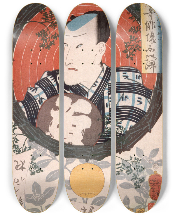 Triptych art skateboard deck of Tsukioka Yoshitoshi Ichimura Kakitsu Holding An Inscribed Fan by Tsukioka Yoshitoshi (1839-1892)