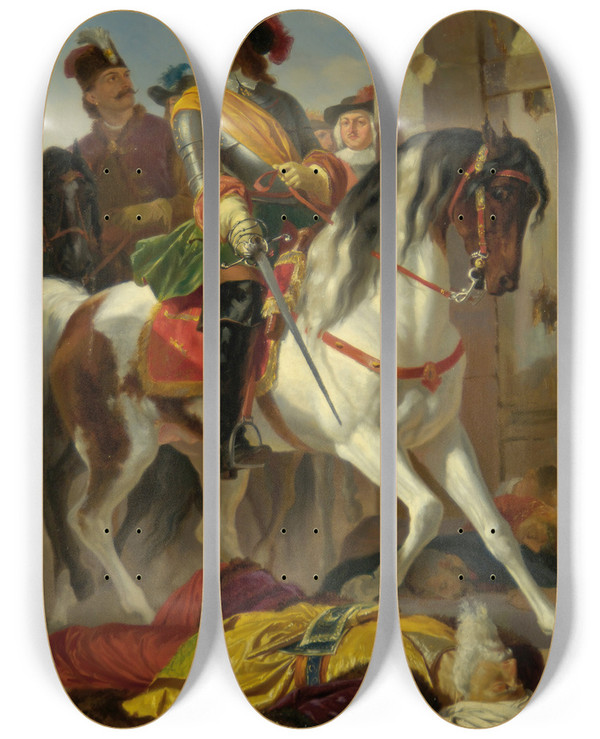 Triptych art skateboard deck of Karl Von Blaas Die Erstrmung Von Ofen 1686 by Karl Von Blaas (1815-1894)