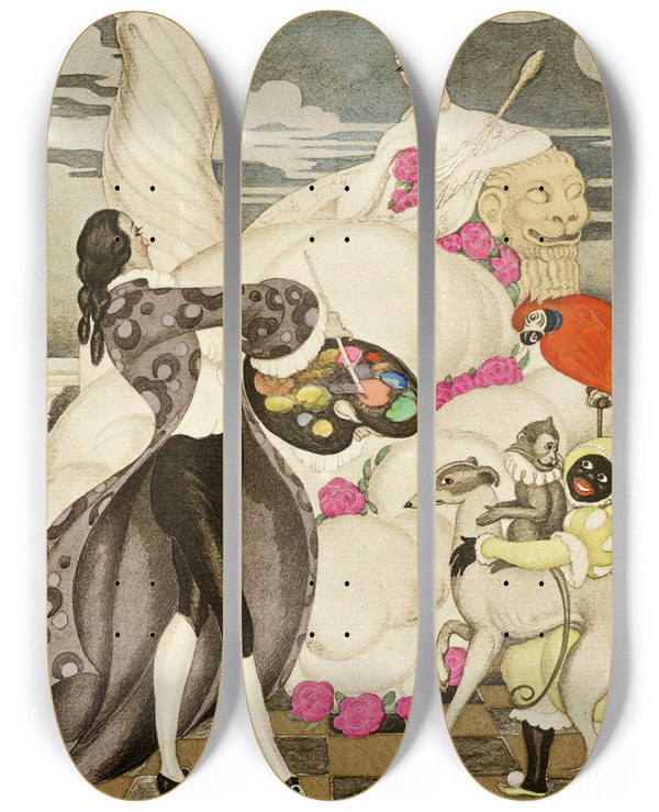 Triptych art skateboard deck of Gerda Wegener Sur Talons Rouges Pl 05 by Gerda Wegener (1886-1940)