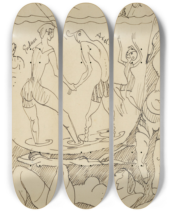 Triptych art skateboard deck of Axel Trneman Bath Scene by Axel Torneman (1880-1925)