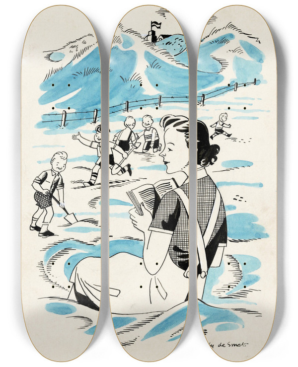 Triptych art skateboard deck of Eddy De Smet Marjo Met Spelende Kinderen Op Het Strand by Eddy de Smet (20-)