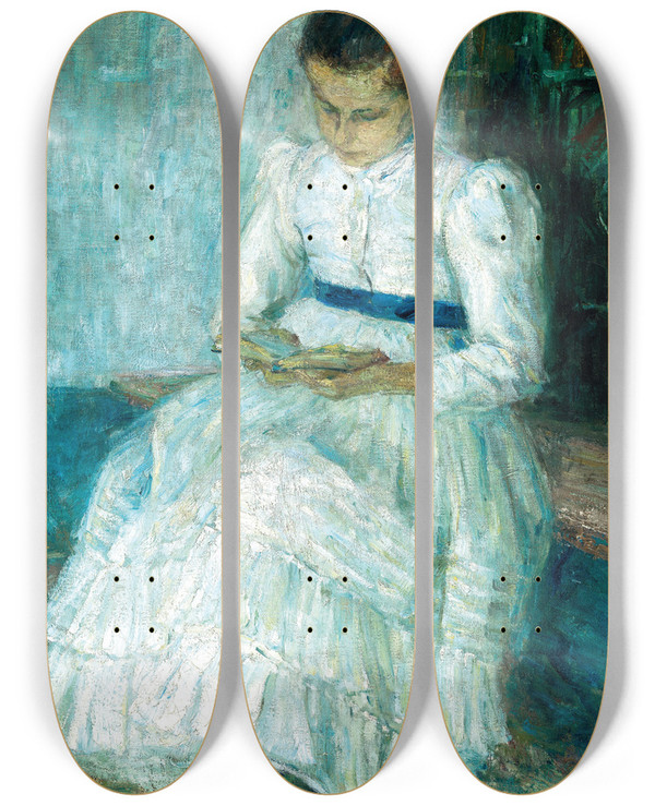 Triptych art skateboard deck of Matej Sternen A Girl Reading by Matej Sternen (1870-1949)