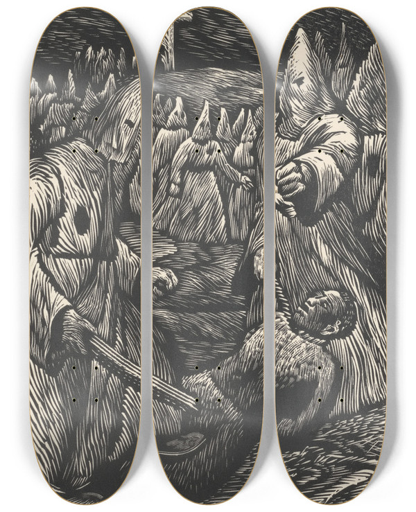 Triptych art skateboard deck of Adolfo Mexiac Kkk by Adolfo Mexiac (1927-2019)