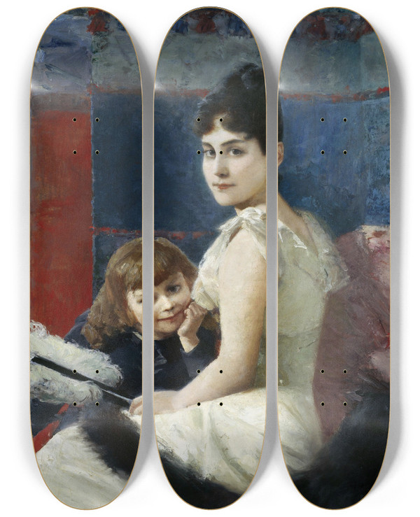 Triptych art skateboard deck of Albert Von Keller Irene Von Keller With Son Balthasar by Albert Von Keller (1844-1920)