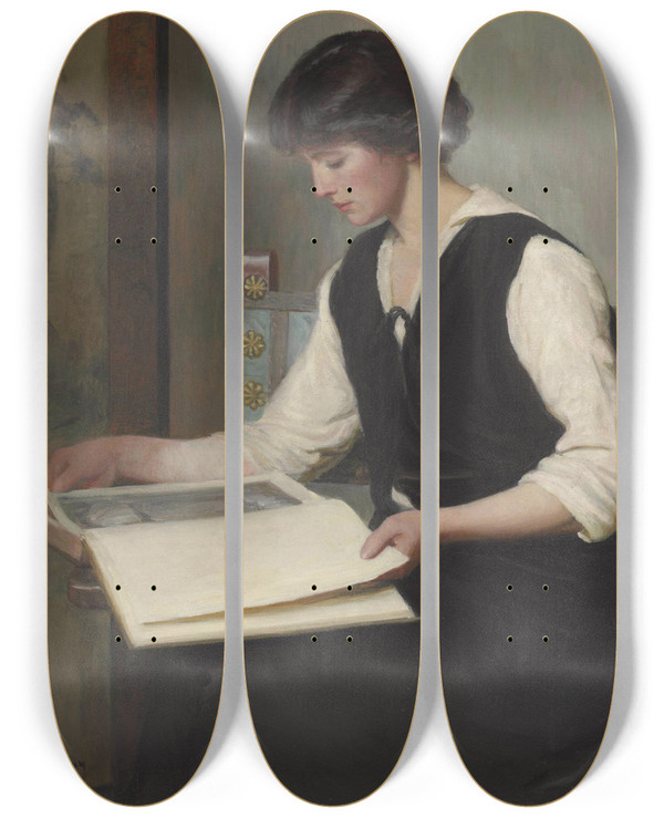 Triptych art skateboard deck of Lilla Cabot Perry Reading by Lilla Cabot Perry (1848-1933)