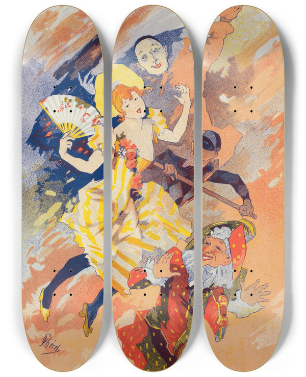 Triptych art skateboard deck of Jules Chret La Pantomime by Jules Cheret (1836-1932)