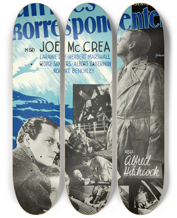 Triptych art skateboard deck of Eric Rohman Foreign Correspondent by Eric Rohman (1891-1949)