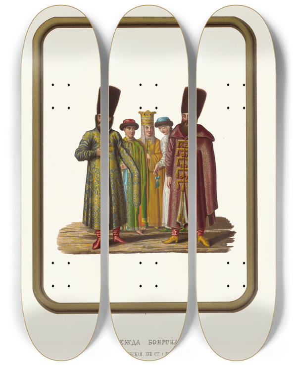 Triptych art skateboard deck of Fedor Grigoryevich Solntsev Odezhda Boiarskaia Muzhskaia I Zhenskaia Xvii Stoletiia by Fedor Grigoryevich Solntsev (1801-1892)