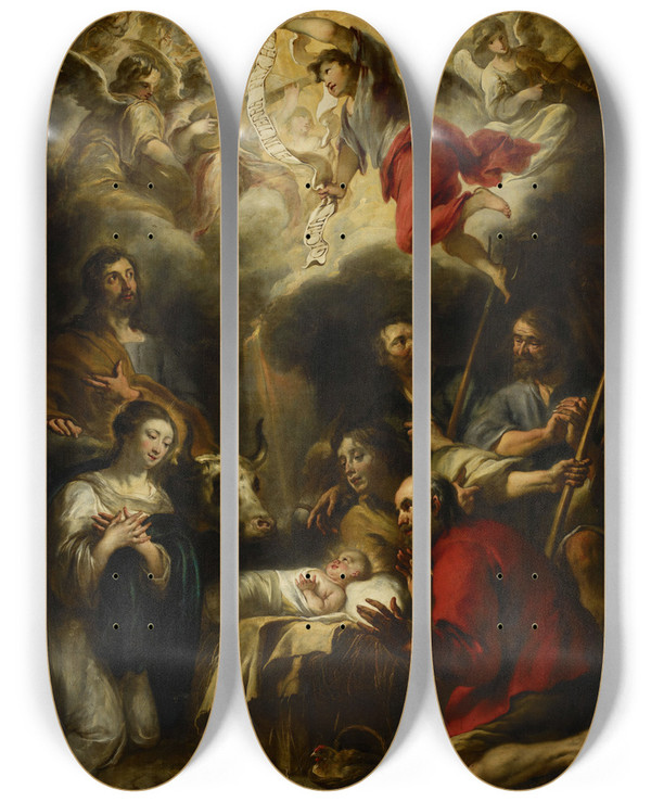 Triptych art skateboard deck of Jan Cossiers The Adoration Of The Shepherds_1 by Jan Cossiers (1600-1671)
