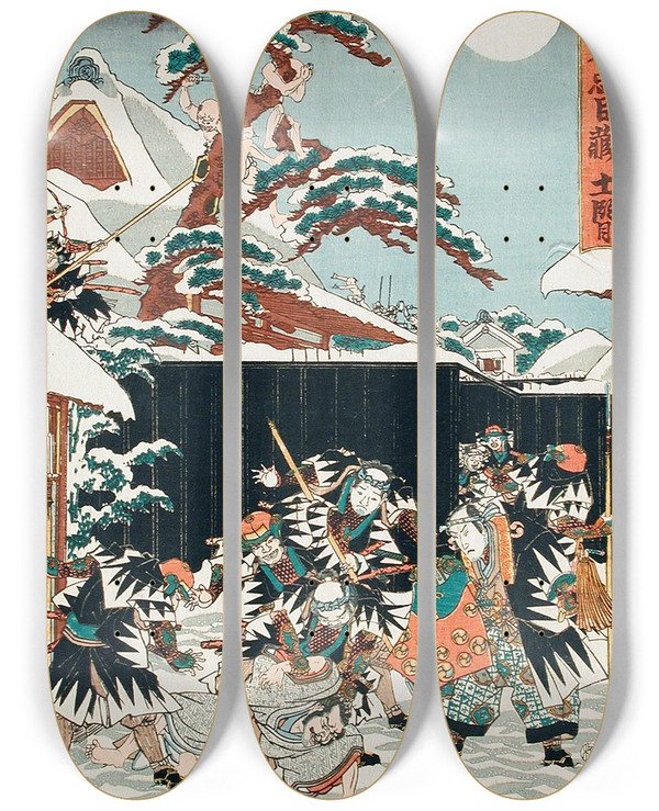Triptych art skateboard deck of Utagawa Kunisada Toyokuni Iii Act Xi Moronao Is Dragged From Hiding And Identified By Yuranosuke Then Killed Moronaos Retainers Being Pursued by Utagawa Kunisada (Toyokuni III) (1786-1865)