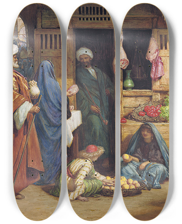Triptych art skateboard deck of Henry Wallis A Fruit Market Suez by Henry Wallis (1830-1916)