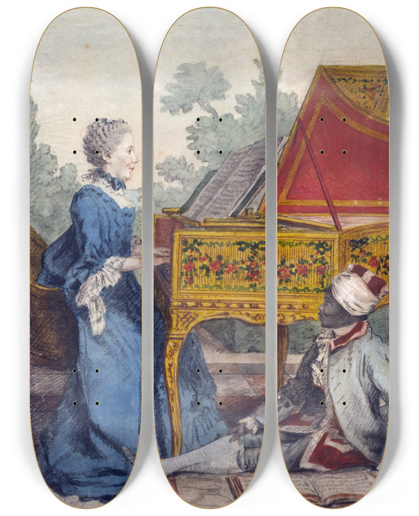 Triptych art skateboard deck of Louis Carrogis Carmontelle Mlle Desgots De Saint Domingue Avec Son Ngre Laurent by Louis Carrogis Carmontelle (1717-1806)