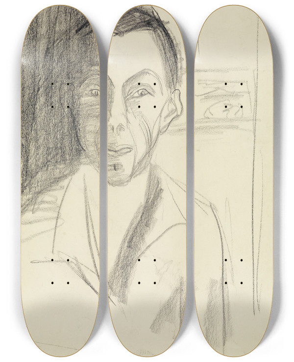 Triptych art skateboard deck of Ernst Ludwig Kirchner Selbstbildnis by Ernst Ludwig Kirchner (1880-1938)
