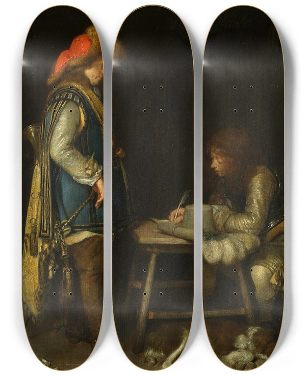 Triptych art skateboard deck of Gerard Ter Borch Officer Writing A Letter by Gerard Ter Borch (1617-1681)